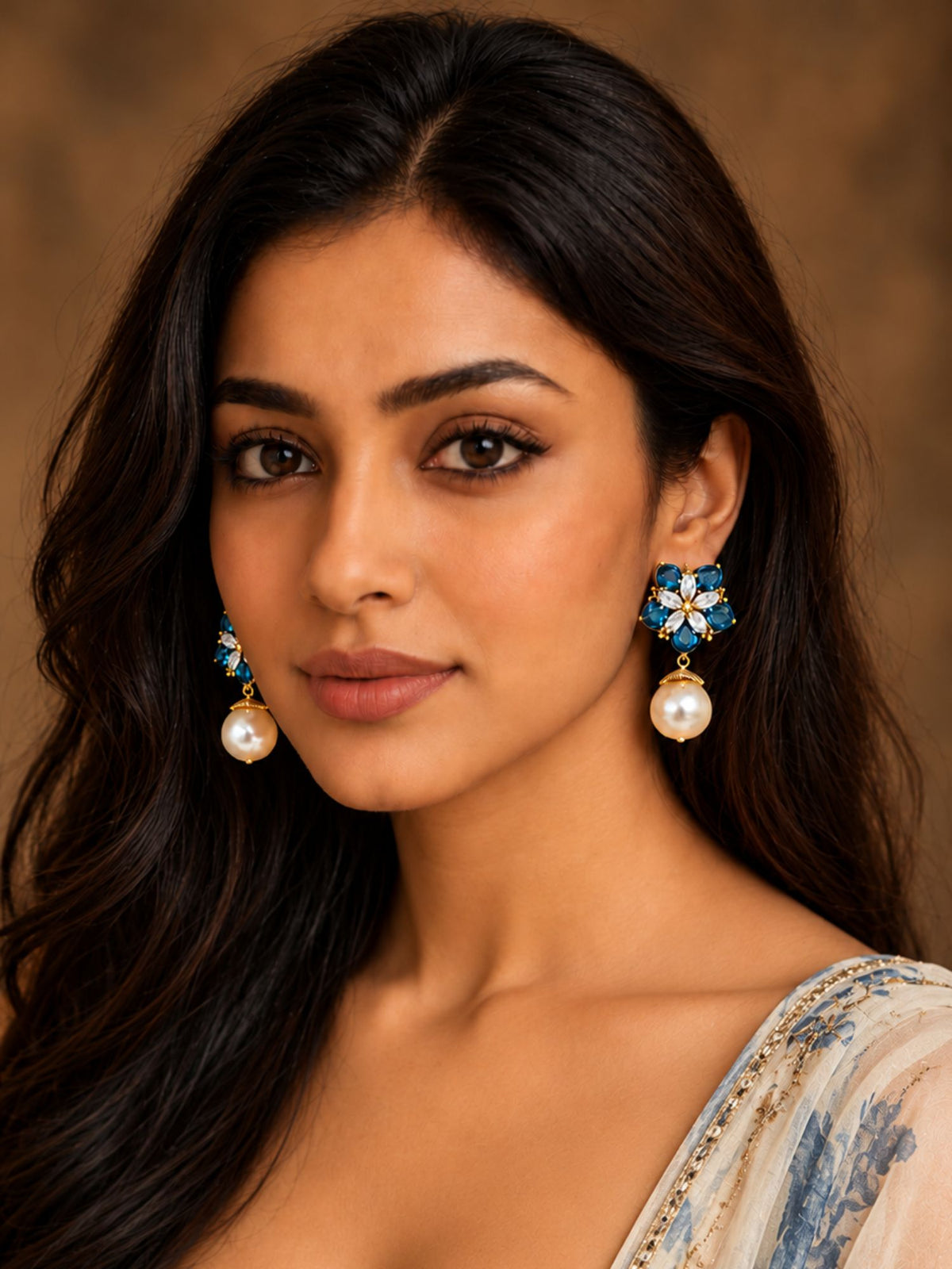 Teal Blue Floral Stone & Cream Pearl Drop Earrings