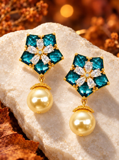 Teal Blue Floral Stone & Cream Pearl Drop Earrings