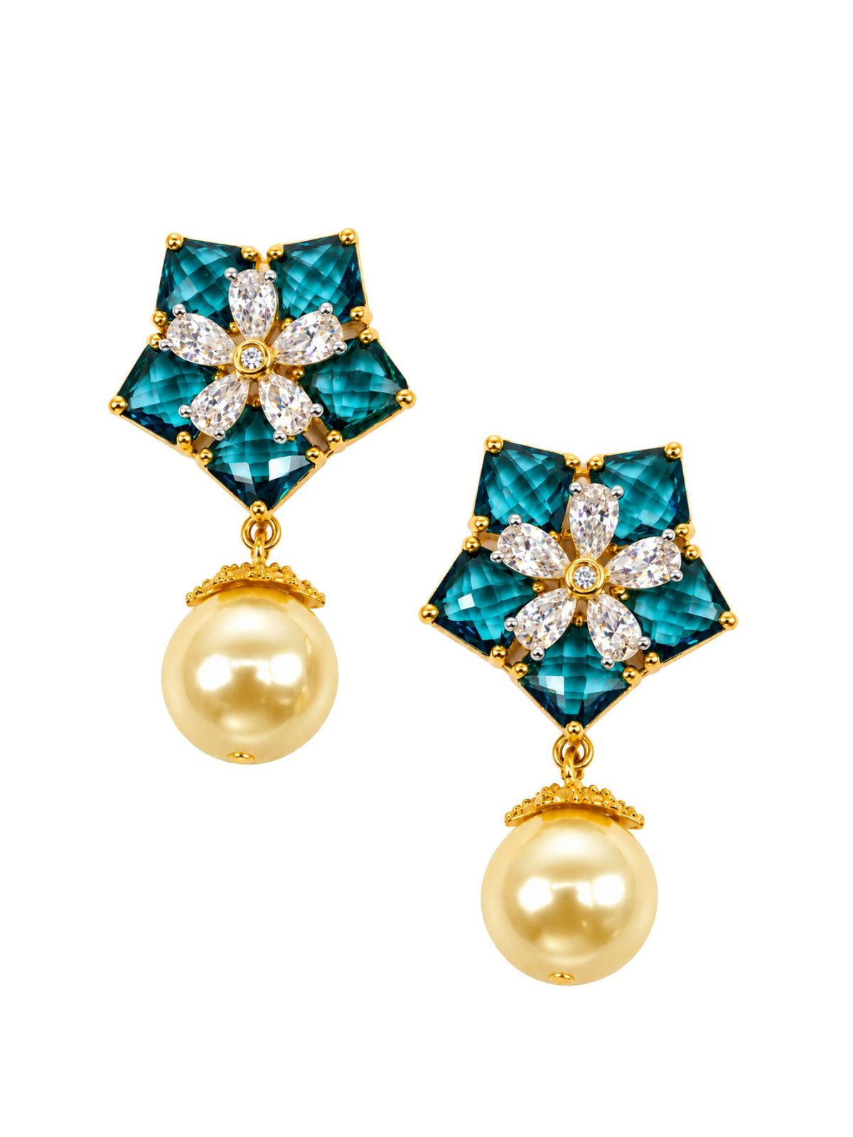 Teal Blue Floral Stone & Cream Pearl Drop Earrings