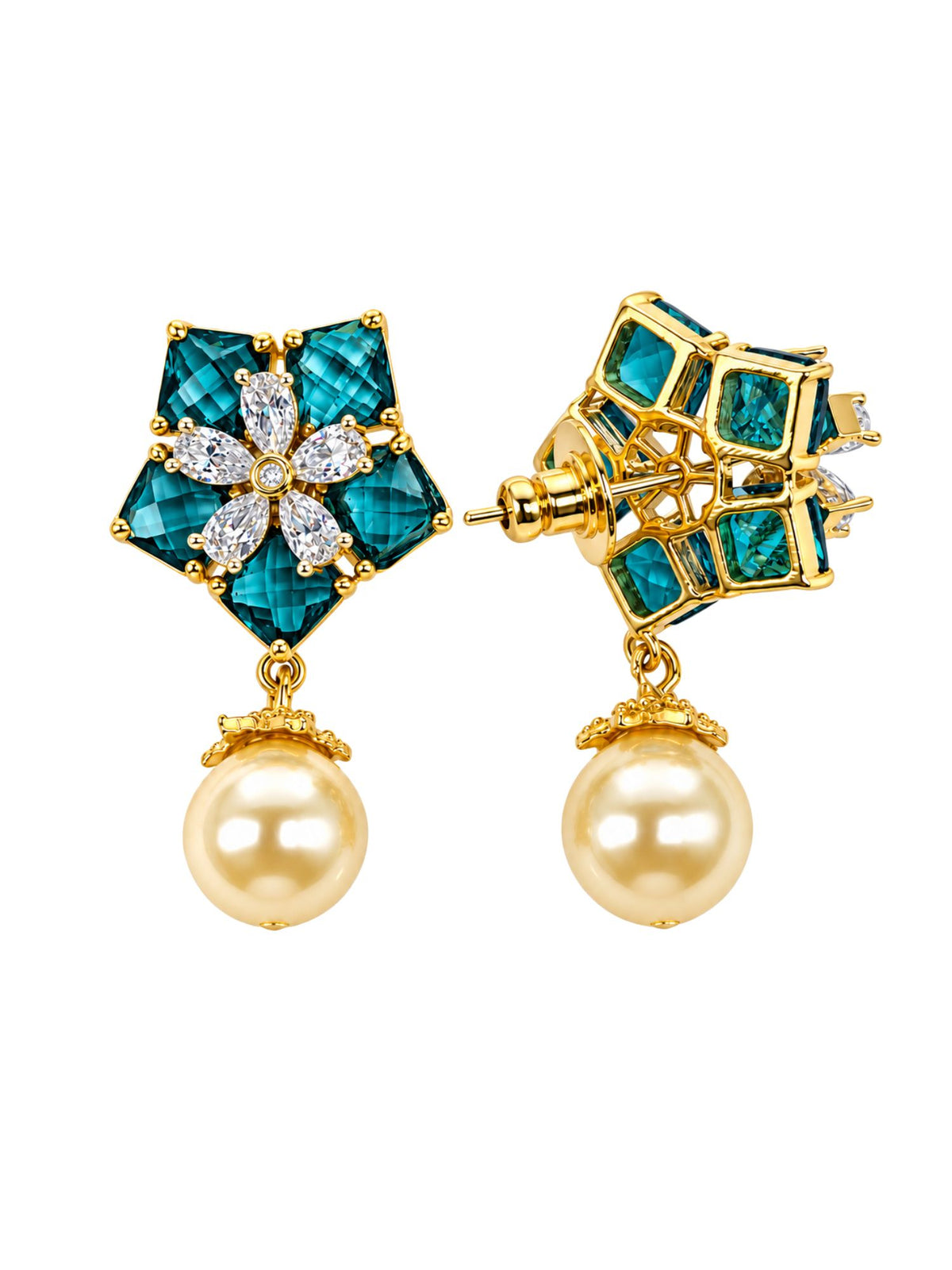 Teal Blue Floral Stone & Cream Pearl Drop Earrings