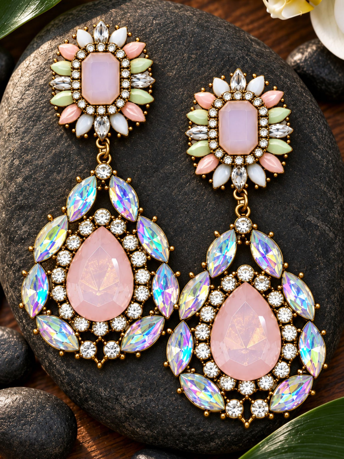 Pastel Pink Iridescent Stone Elegant Drop Earrings