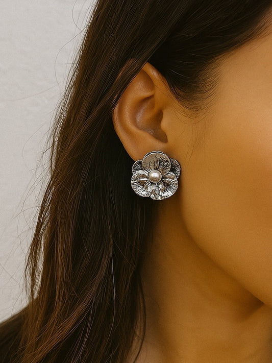 Flower With Pearl Design Western Earrings