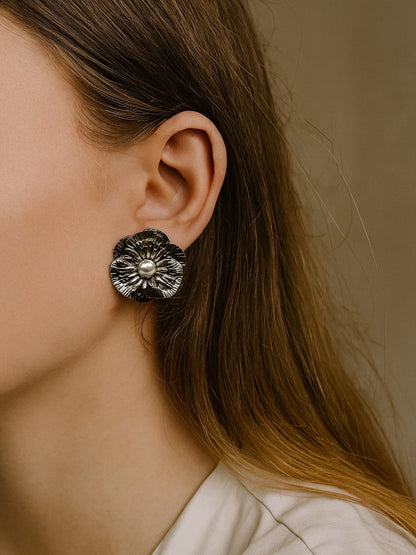 Flower With Pearl Design Western Earrings