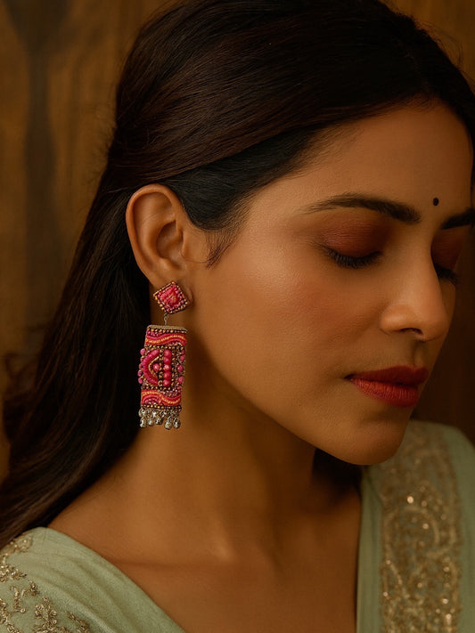 Boho Pink Beaded Long Jhumka Earring Design
