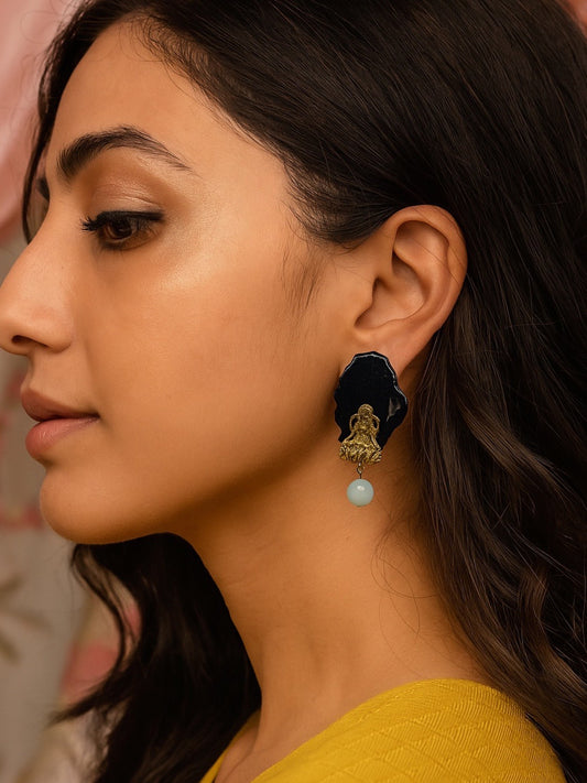 Stud Earrings Laxmi & Black Onyx Stone Design