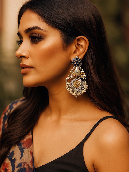 Chandelier Earrings Peacock Design Black Enamel With Pearl