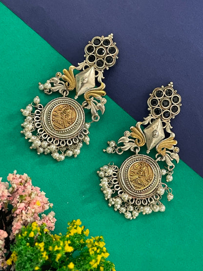 Chandelier Earrings Peacock Design Black Enamel With Pearl