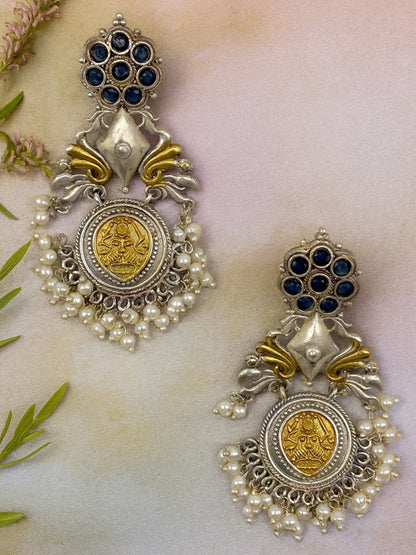 Chandelier Earrings Peacock Design Black Enamel With Pearl