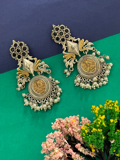 Chandelier Earrings Peacock Design Black Enamel With Pearl