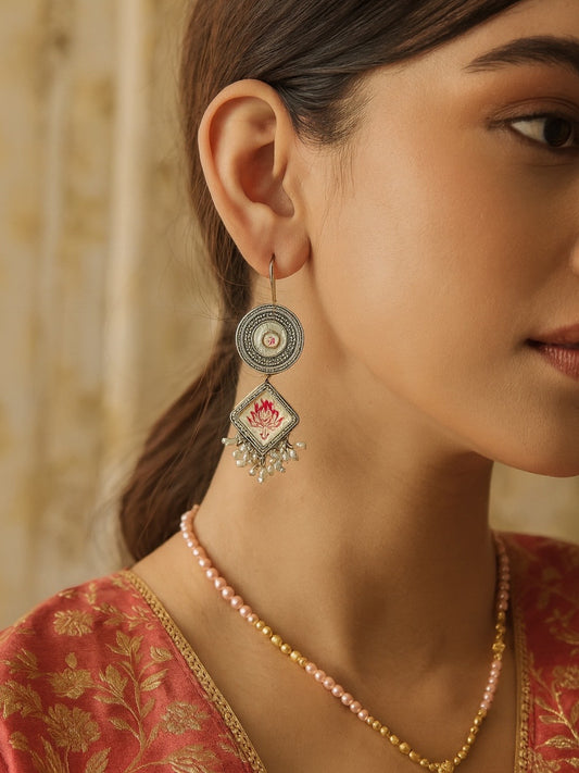 Hand-Painted Earrings Lotus Flower Pearl Design