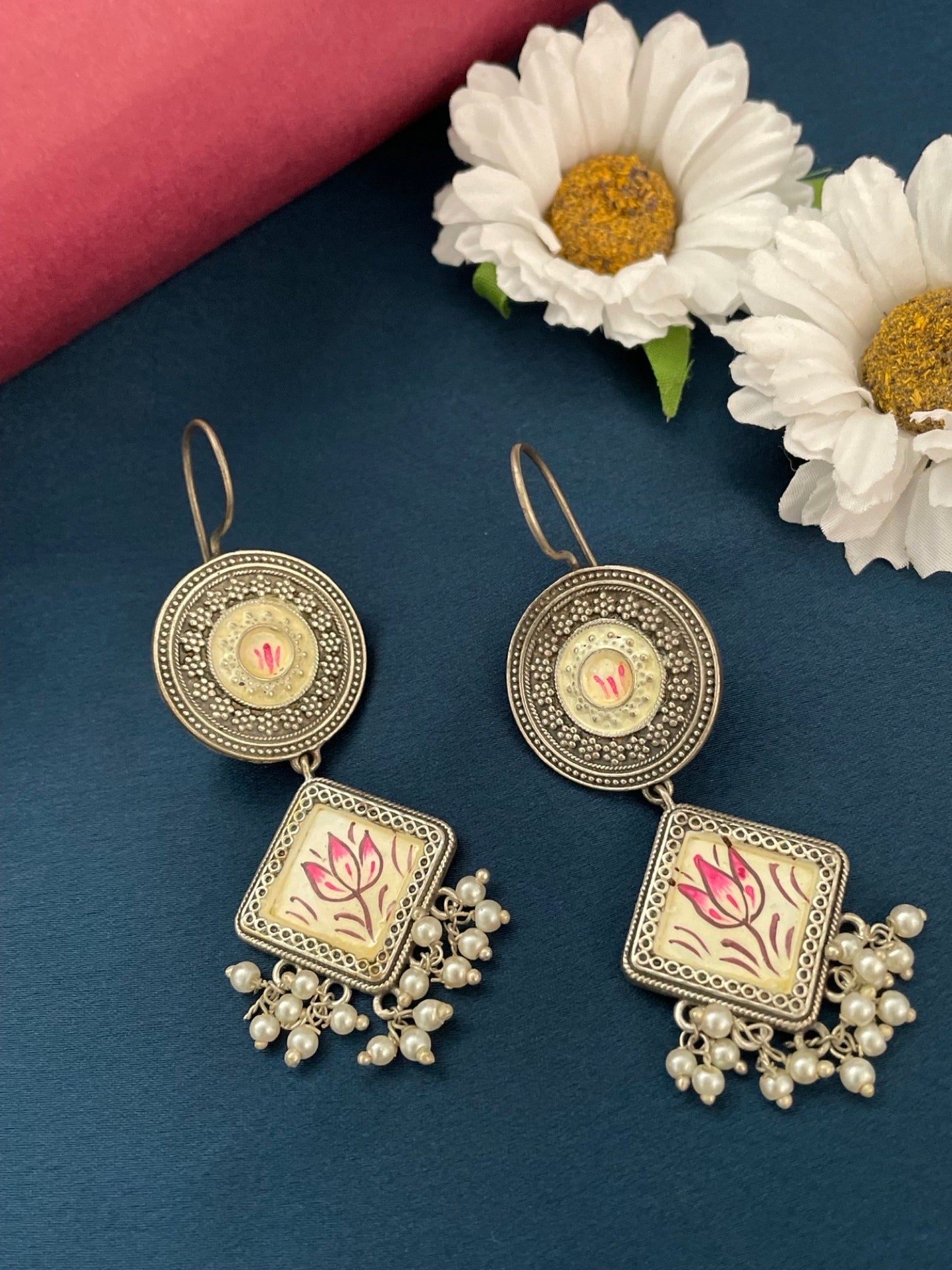 Hand-Painted Earrings Lotus Flower Pearl Design