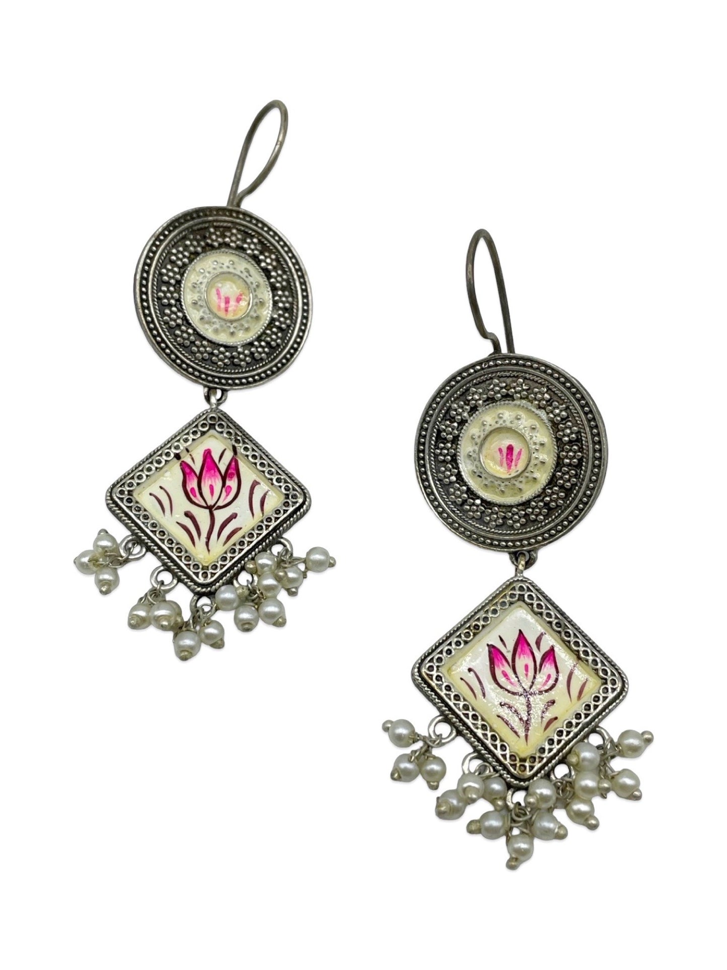 Hand-Painted Earrings Lotus Flower Pearl Design