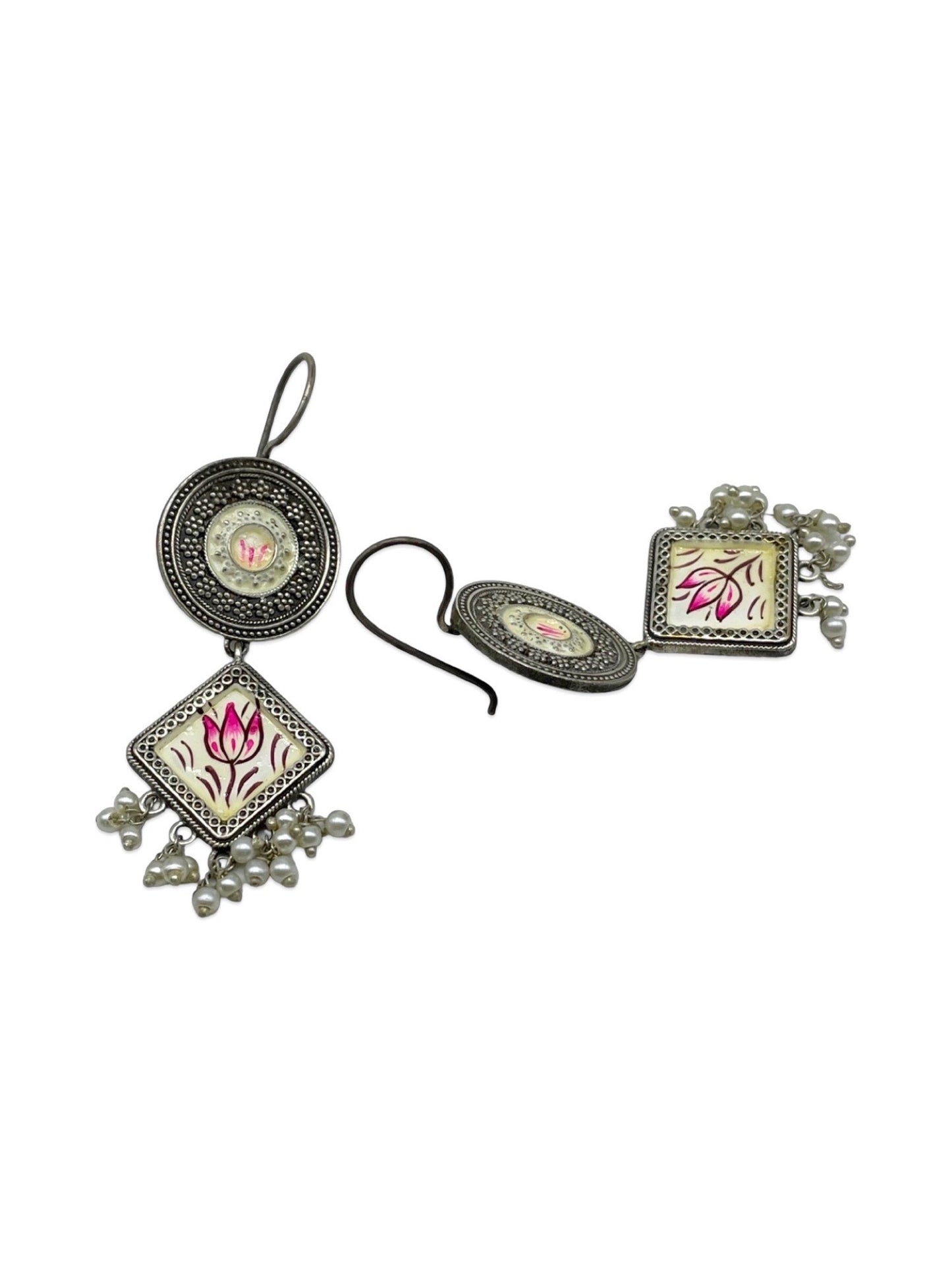 Hand-Painted Earrings Lotus Flower Pearl Design