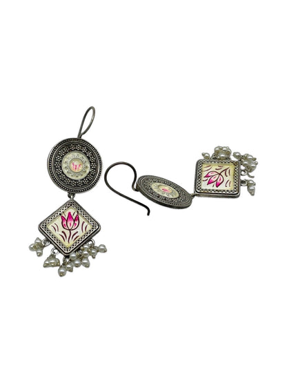 Hand-Painted Earrings Lotus Flower Pearl Design