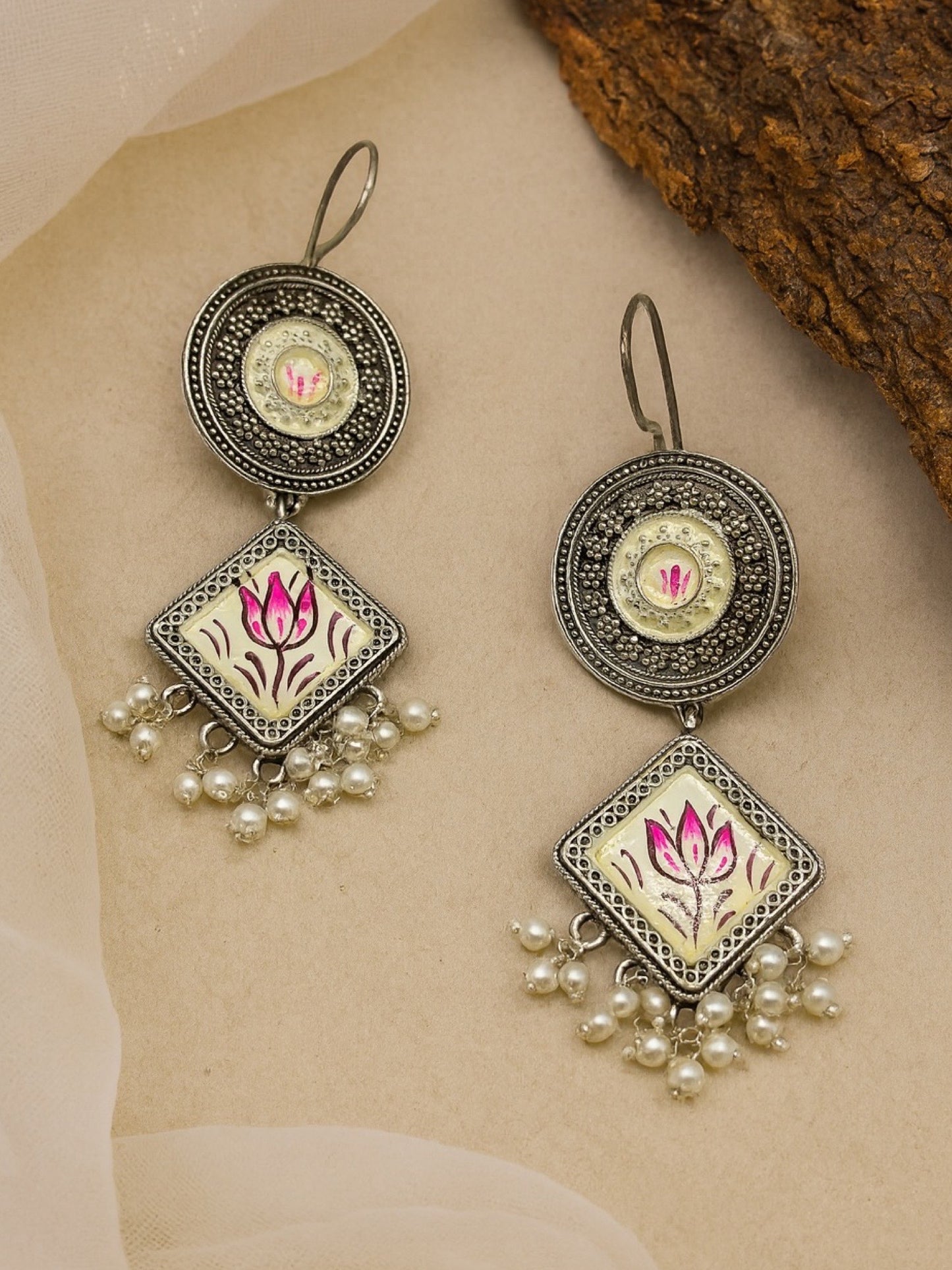 Hand-Painted Earrings Lotus Flower Pearl Design