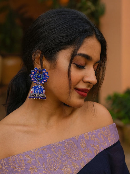 Jhumka Earrings Peacock Enamel With Ghungroo Design