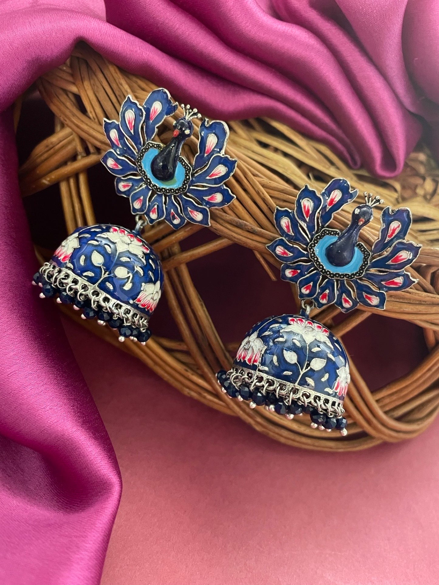 Jhumka Earrings Peacock Enamel With Ghungroo Design