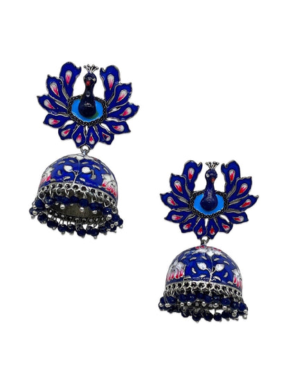 Jhumka Earrings Peacock Enamel With Ghungroo Design