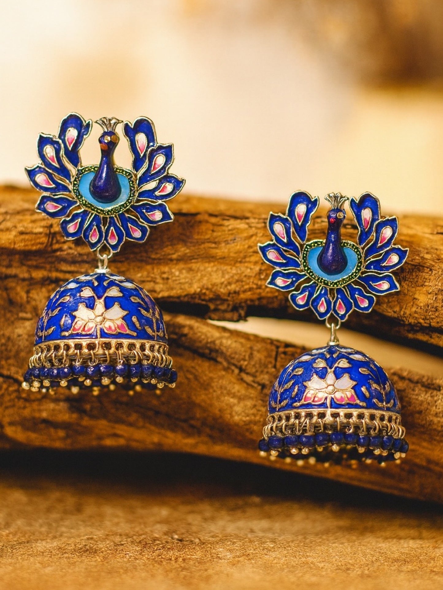 Jhumka Earrings Peacock Enamel With Ghungroo Design