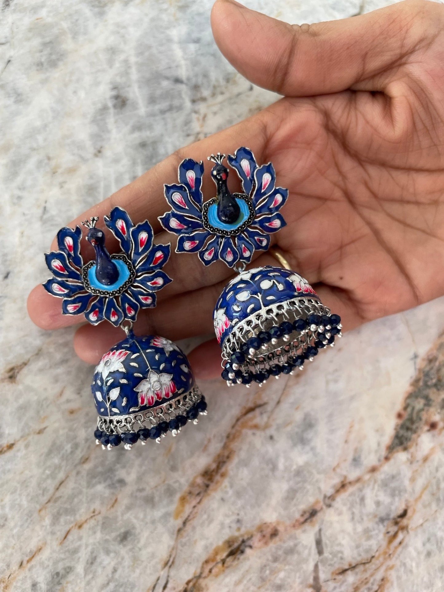 Jhumka Earrings Peacock Enamel With Ghungroo Design