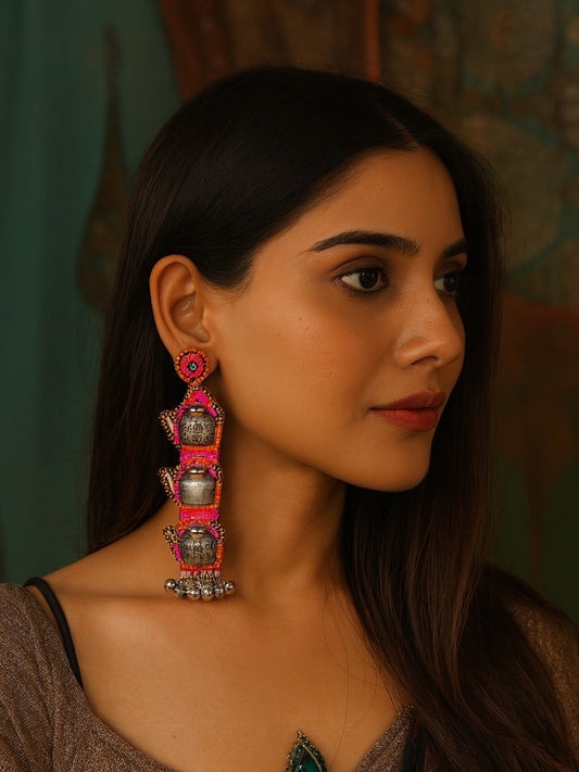 Pink Beaded Earrings Tea Kettle Design With Ghungroo