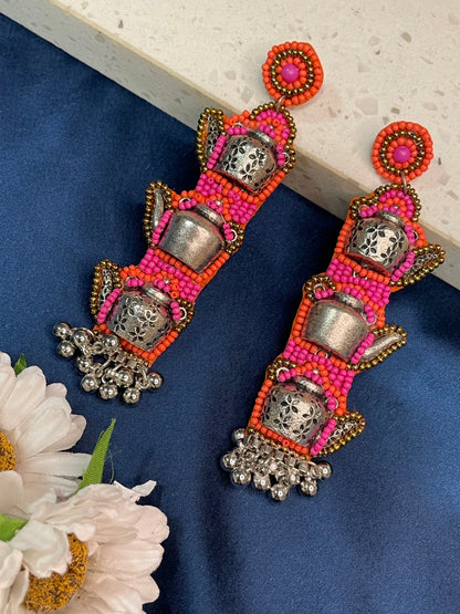 Pink Beaded Earrings Tea Kettle Design With Ghungroo