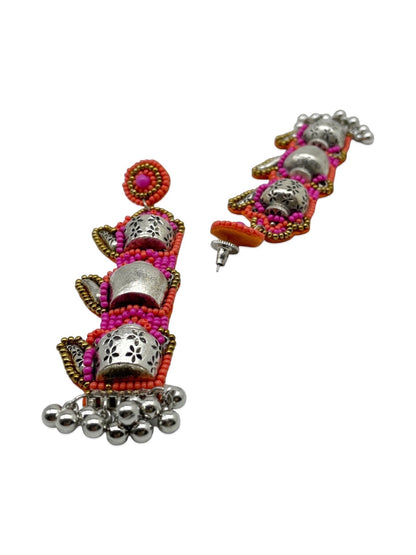 Pink Beaded Earrings Tea Kettle Design With Ghungroo