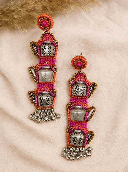 Pink Beaded Earrings Tea Kettle Design With Ghungroo
