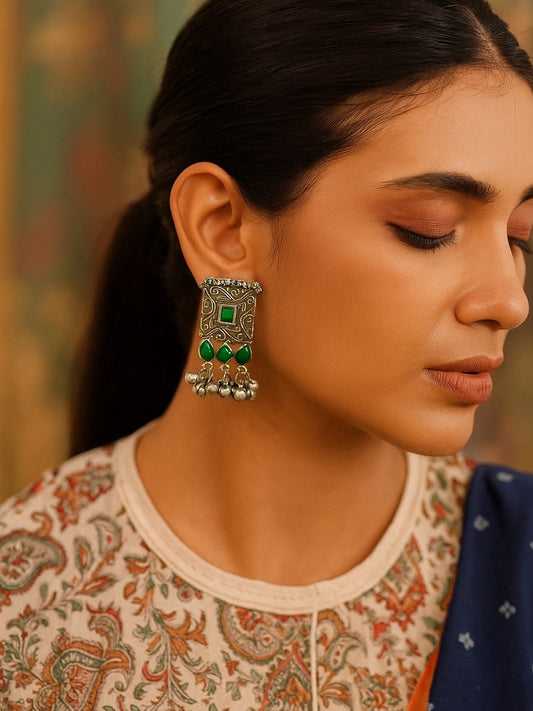 Stud Earrings Green Enamel Design With Ghungroo