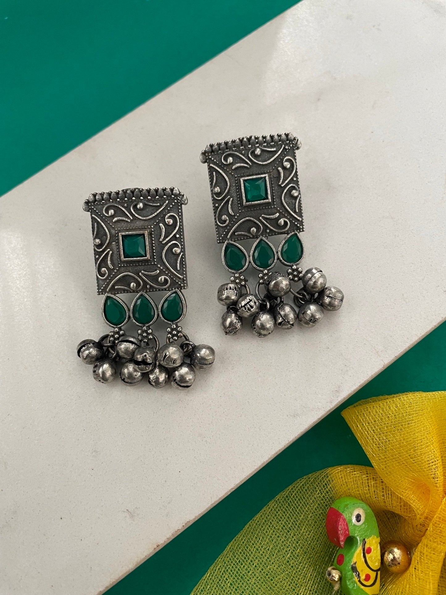 Stud Earrings Green Enamel Design With Ghungroo