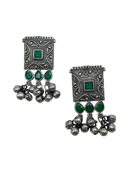 Stud Earrings Green Enamel Design With Ghungroo