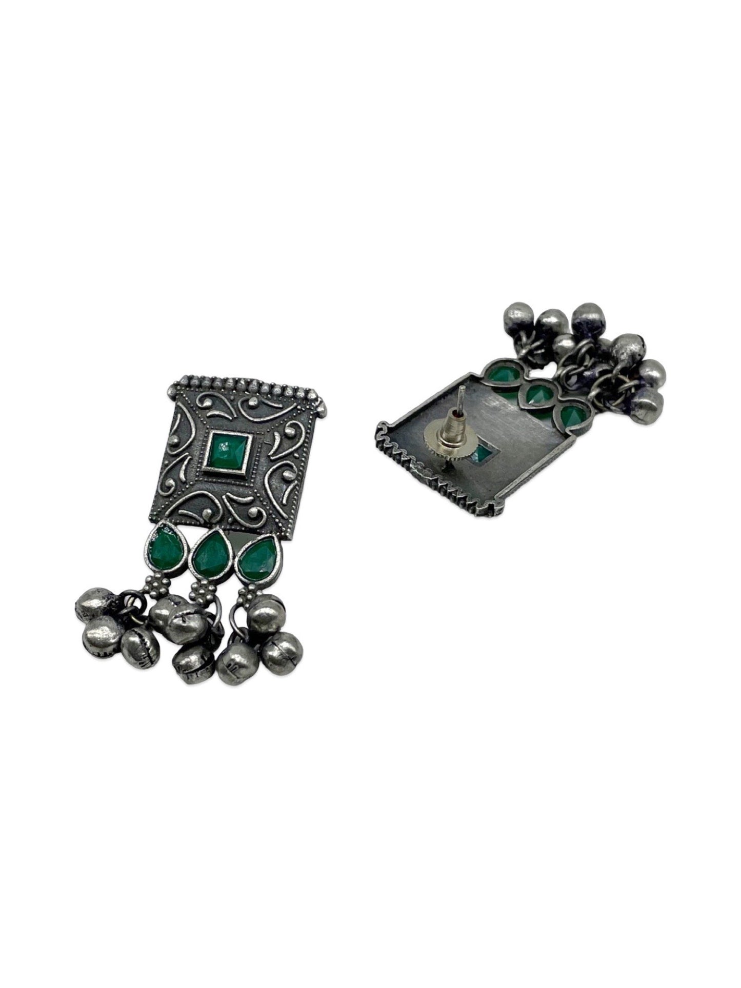 Stud Earrings Green Enamel Design With Ghungroo