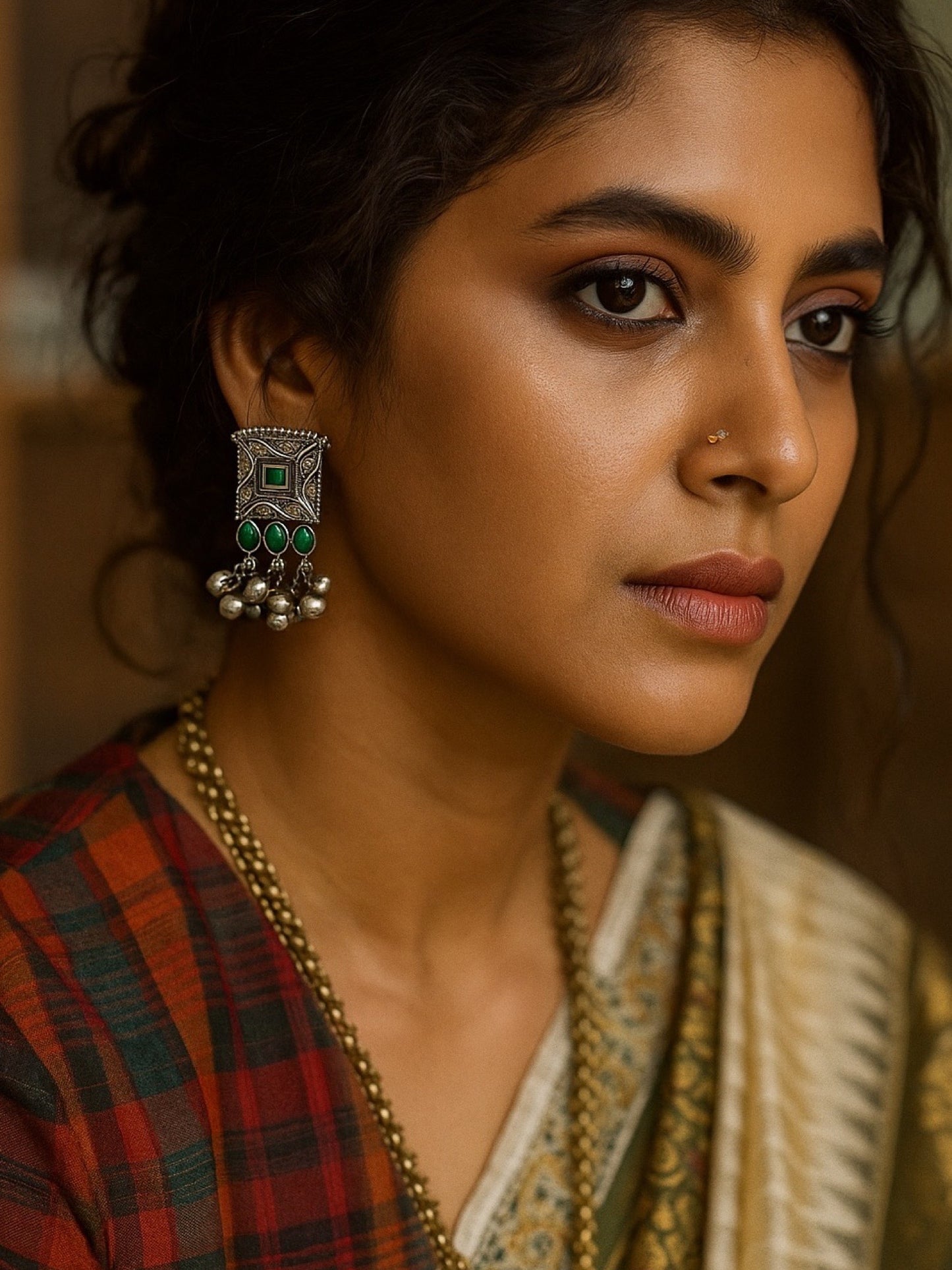 Stud Earrings Green Enamel Design With Ghungroo