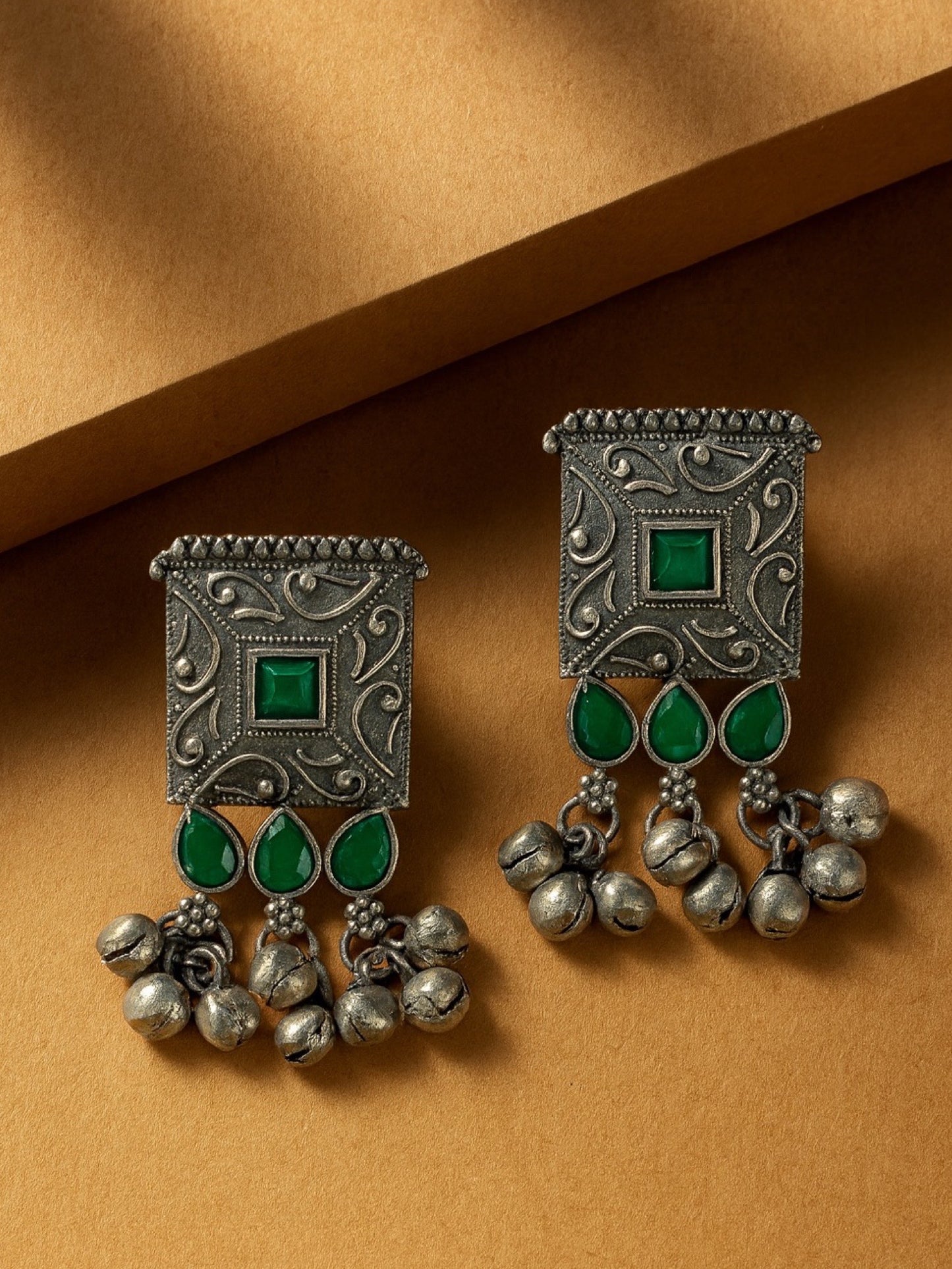 Stud Earrings Green Enamel Design With Ghungroo