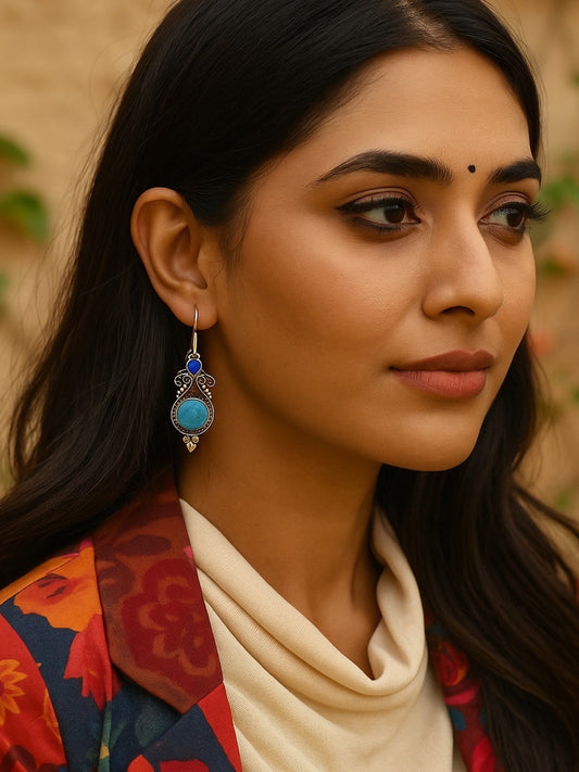 Gypsy Tibetan Turquoise Stone Design Silver Earring