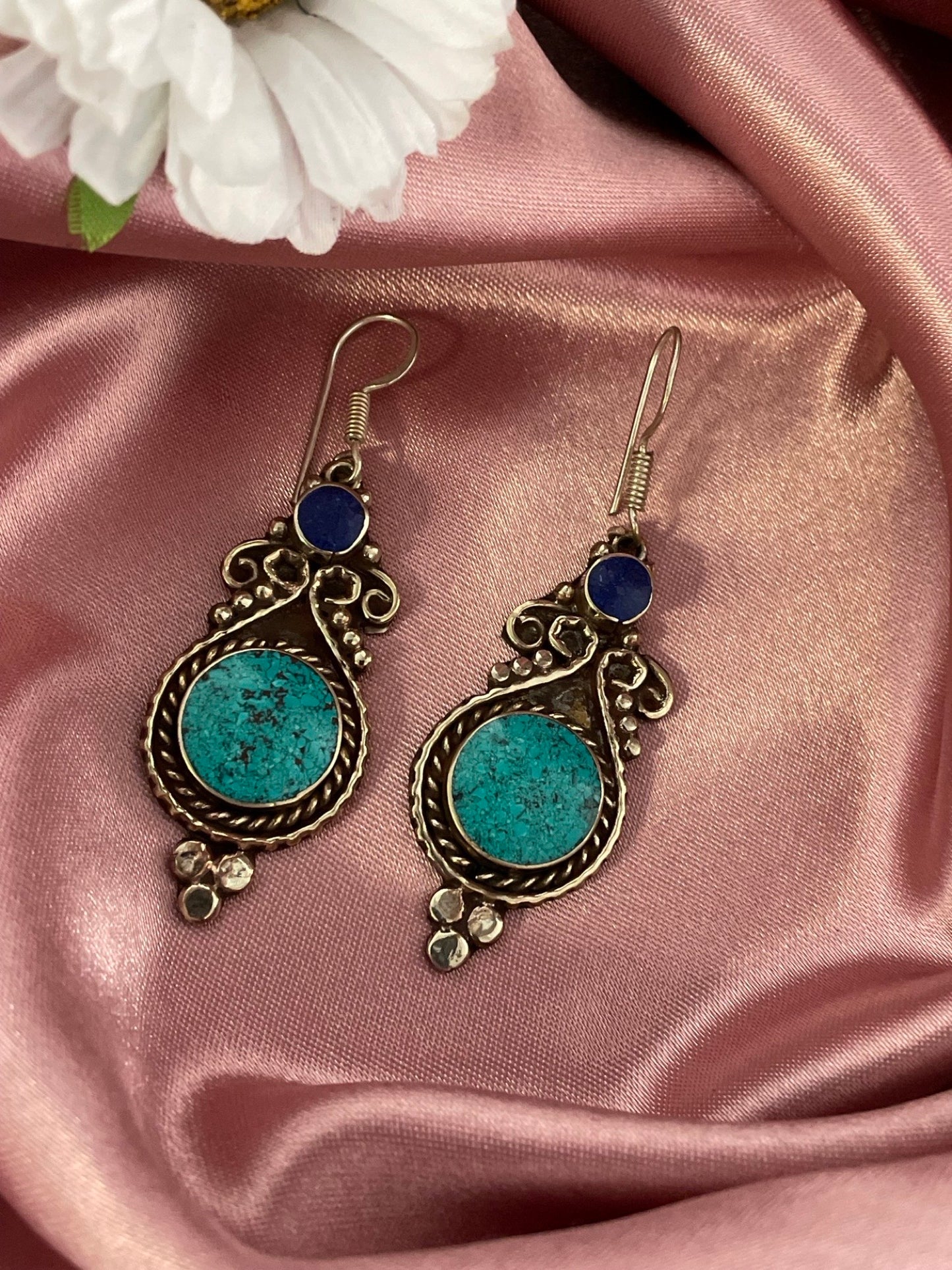 Gypsy Tibetan Turquoise Stone Design Silver Earring