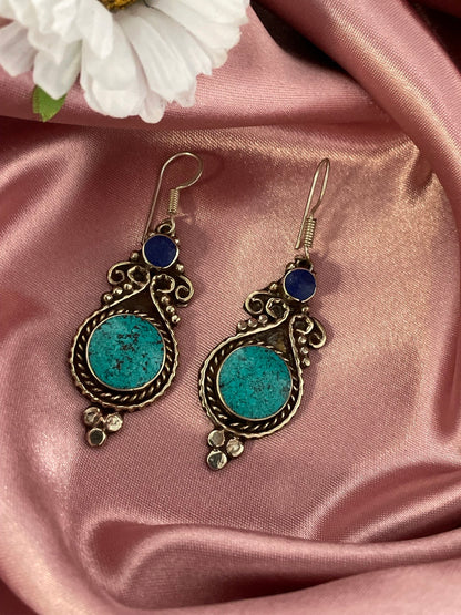 Gypsy Tibetan Turquoise Stone Design Silver Earring