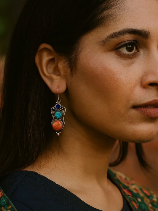 Gypsy Tibetan Munga & Turquoise Stone Design Silver Earring