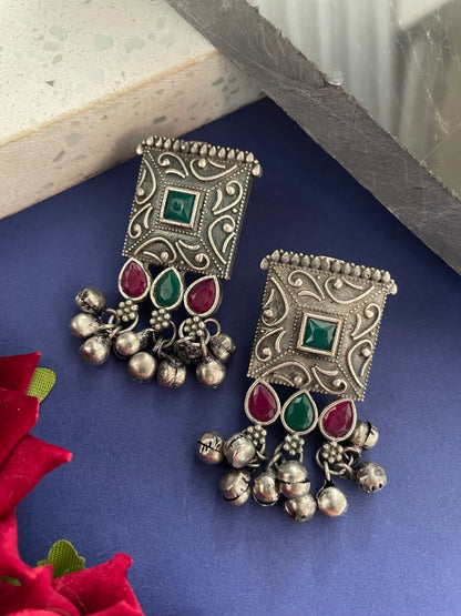 Stud Earrings Flower Red/Green Enamel Design With Ghungroo