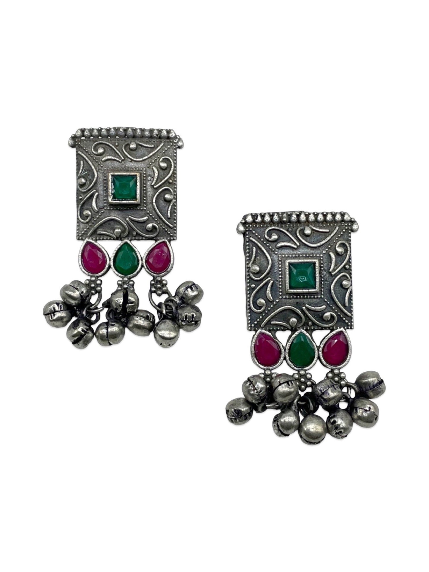 Stud Earrings Flower Red/Green Enamel Design With Ghungroo
