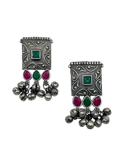 Stud Earrings Flower Red/Green Enamel Design With Ghungroo