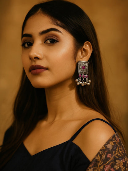Stud Earrings Red Enamel Design With Ghungroo