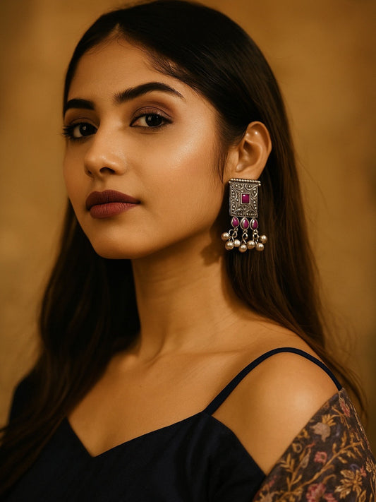 Stud Earrings Red Enamel Design With Ghungroo
