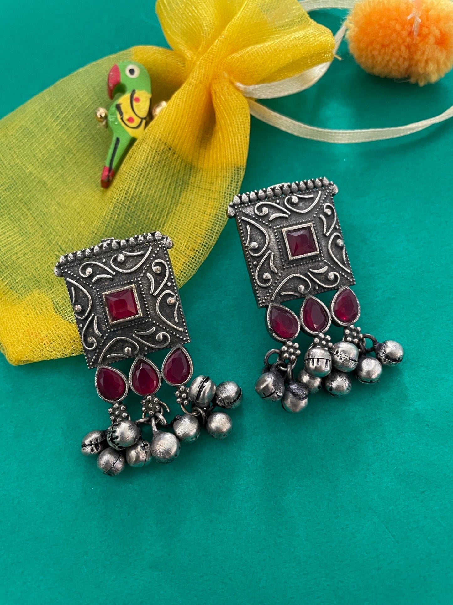 Stud Earrings Red Enamel Design With Ghungroo