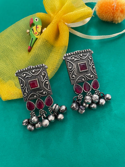 Stud Earrings Red Enamel Design With Ghungroo