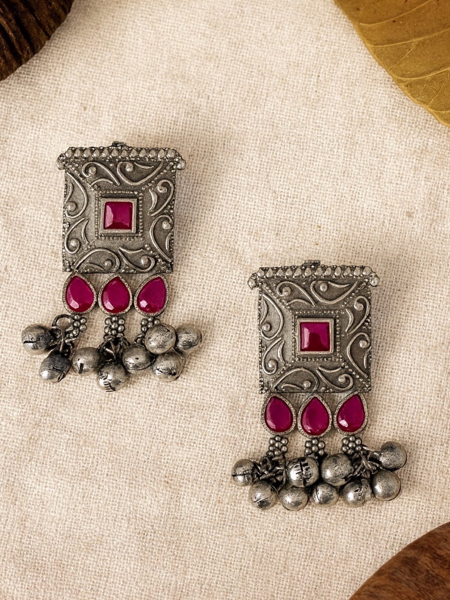 Stud Earrings Red Enamel Design With Ghungroo