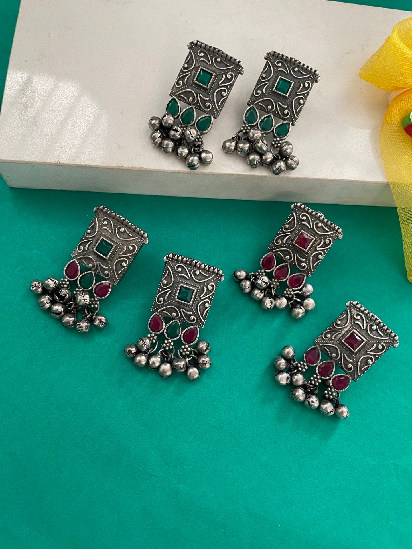 Stud Earrings Red Enamel Design With Ghungroo