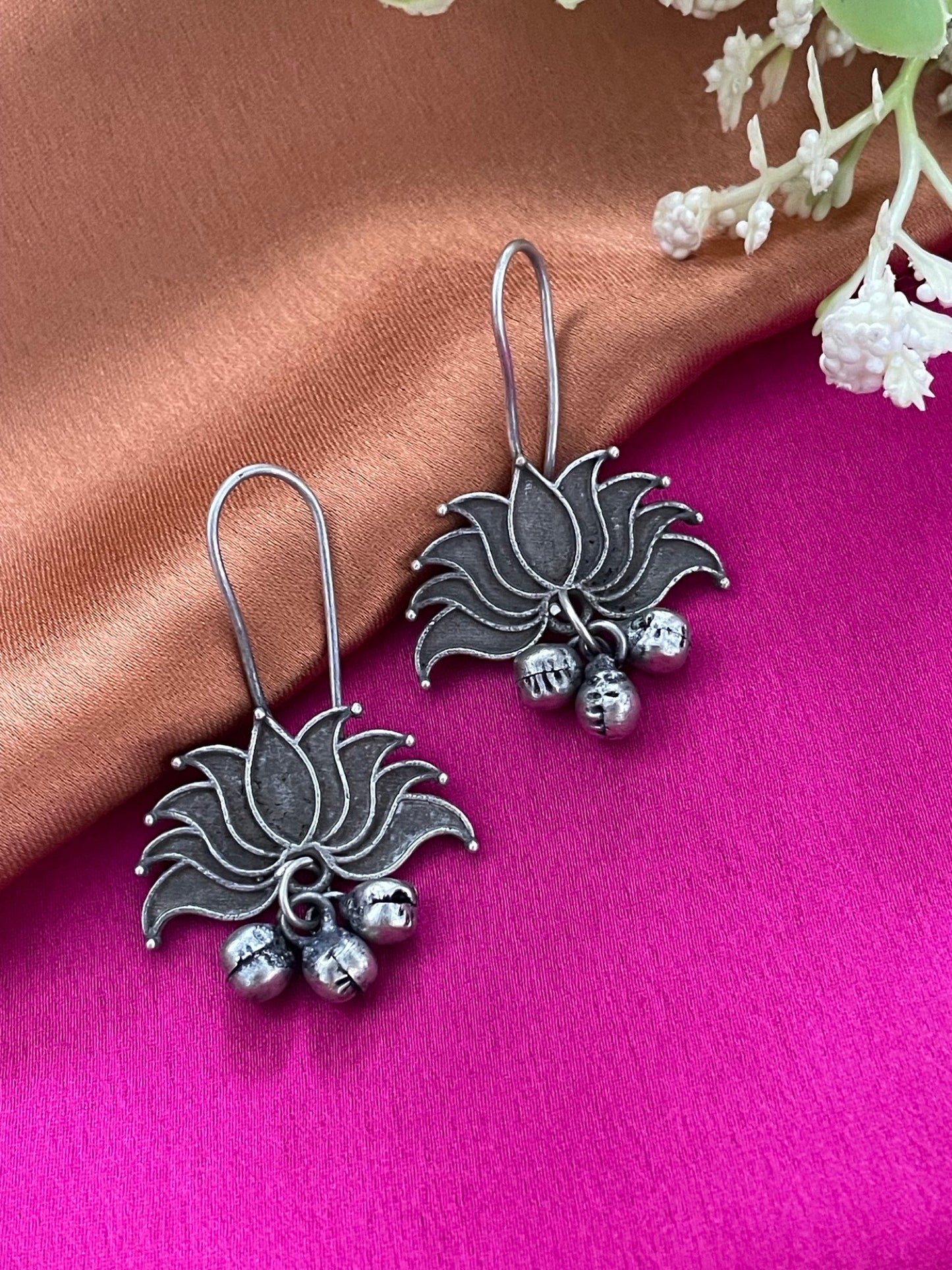 Dangler Earrings Lotus Flower Design With Ghungroo