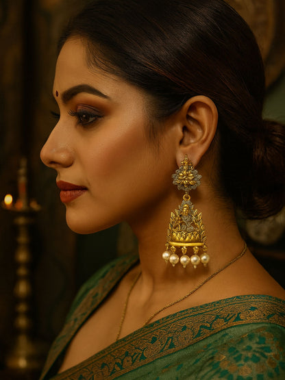 Dangler Afghani Jhumka Earrings Mata Laxmi With Pearl Design