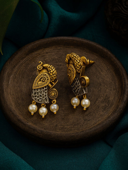 Stud Afghani Jhumka Earrings Peacock With Pearl Design